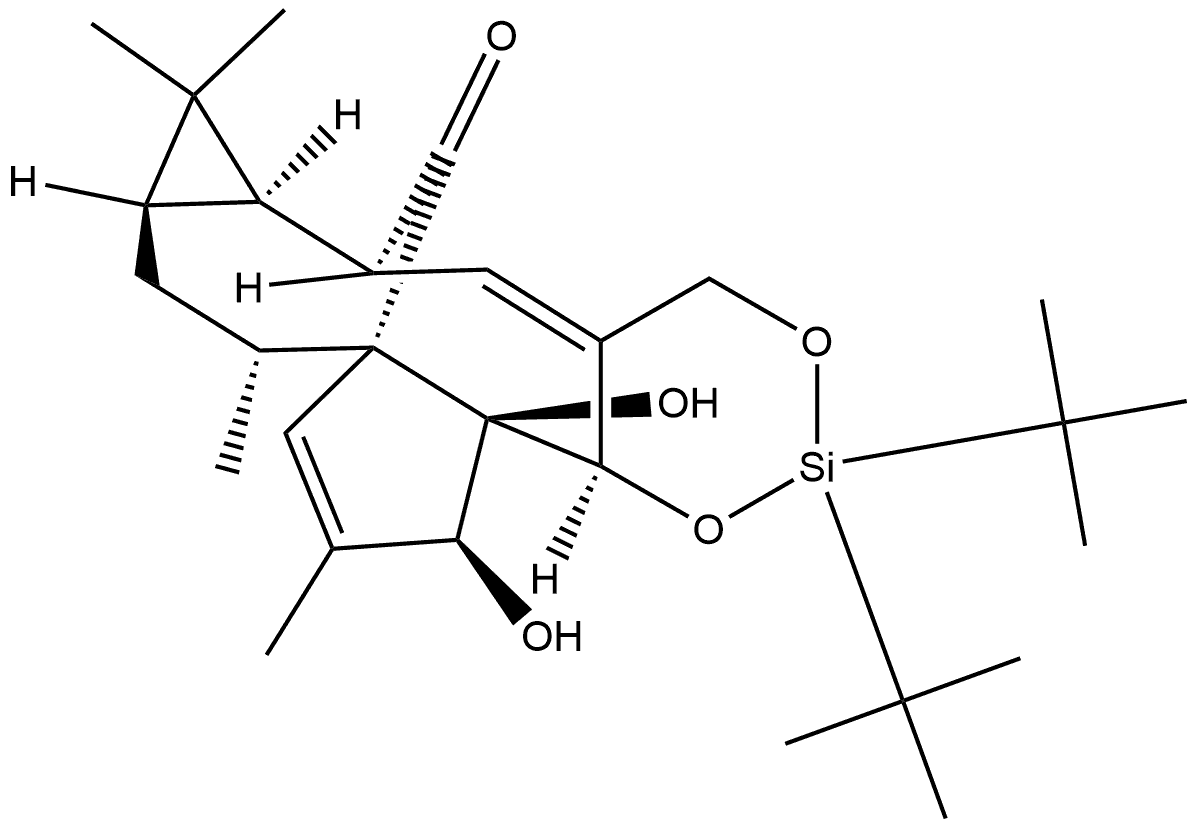 6H-6,9a-Methano-4H-cyclopenta[9,10]cyclopropa[5,6]cyclodeca[1,2]-1,3-dioxin-13-one, 2,2-bis(1,1-dimethylethyl)-,6a,7,7a,8,9,12,12a,12b-octahydro-12,12a-dihydroxy-7,7,9,11-tetramethyl-, (6S,6aR,7aR,9R,9aS,12S,12aR,12bR)- Struktur