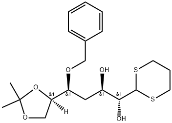 D-allo-Heptose, 4-deoxy-6,7-O-(1-methylethylidene)-5-O-(phenylmethyl)-, cyclic 1,3-propanediyl dithioacetal Struktur
