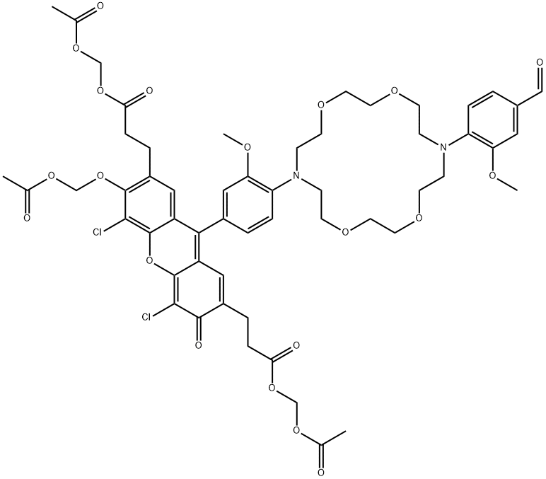 1369302-18-0 3H-Xanthene-2,7-dipropanoic acid, 6-[(acetyloxy)methoxy]-4,5-dichloro-9-[4-[16-(4-formyl-2-methoxyphenyl)-1,4,10,13-tetraoxa-7,16-diazacyclooctadec-7-yl]-3-methoxyphenyl]-3-oxo-, 2,7-bis[(acetyloxy)methyl] ester