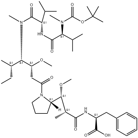 L-Phenylalanine, N-[(1,1-dimethylethoxy)carbonyl]-N-methyl-L-valyl-L-valyl-(3R,4S,5S)-3-methoxy-5-methyl-4-(methylamino)heptanoyl-(αR,βR,2S)-β-methoxy-α-methyl-2-pyrrolidinepropanoyl-,1369427-27-9,结构式