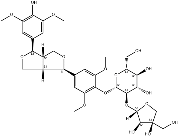(-)-Syringaresnol-4-O-β-D-アピオフラノシル-(1→2)-β-D-グルコピラノシド 化学構造式
