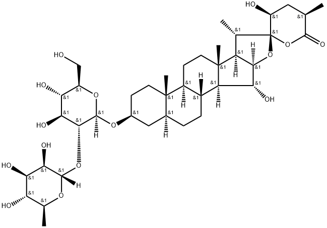 (22R,25R)-15α,23α-ジヒドロキシ-3β-[[2-O-(α-L-ラムノピラノシル)-β-D-グルコピラノシル]オキシ]-5α-スピロスタン-26-オン 化学構造式