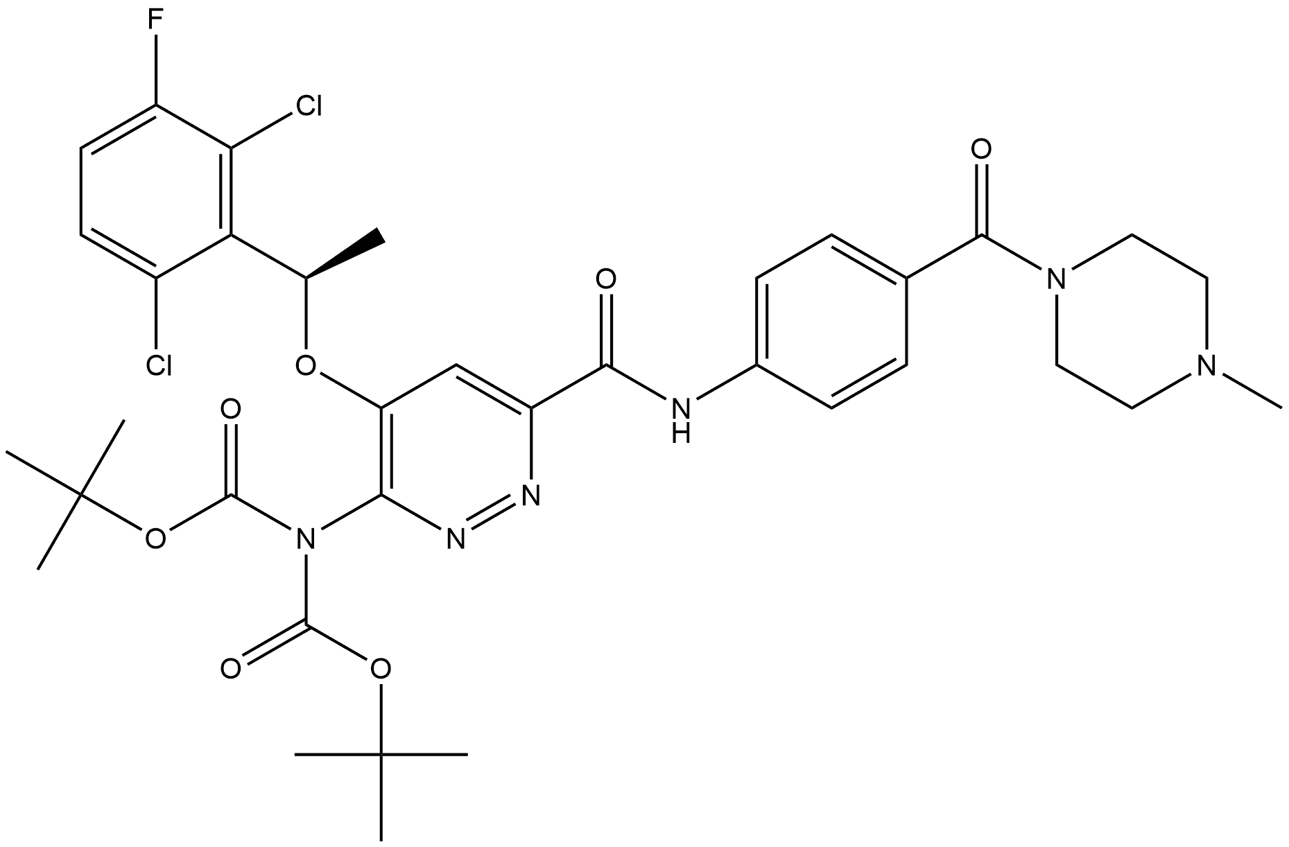 C[C@H](C1=C(C=CC(F)=C1Cl)Cl)OC2=CC(C(NC3=CC=C(C(N4CCN(CC4)C)=O)C=C3)=O)=NN=C2N(C(OC(C)(C)C)=O)C(OC(C)(C)C)=O Structure