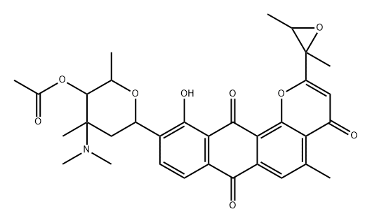 10-[4-O-アセチル-3-(ジメチルアミノ)-3-C-メチル-2,3,6-トリデオキシ-α-L-lyxo-ヘキソピラノシル]-11-ヒドロキシ-5-メチル-2-(2,3-ジメチルオキシラニル)-4H-アントラ[1,2-b]ピラン-4,7,12-トリオン 化学構造式