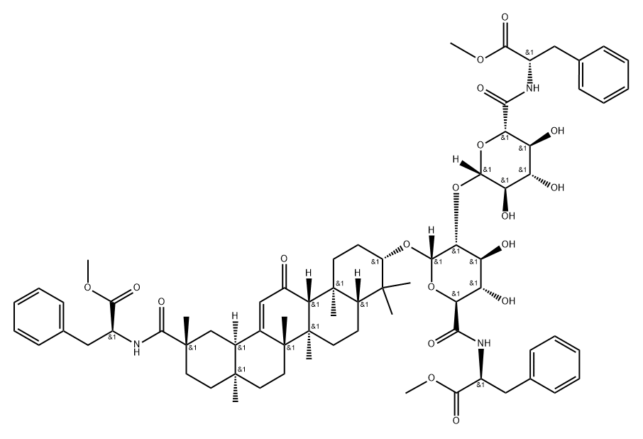 L-Phenylalanine, N-[1-O-[(3β,20β)-29-[[(1S)-2-methoxy-2-oxo-1-(phenylmethyl)ethyl]amino]-11,29-dioxoolean-12-en-3-yl]-2-O-[N-[(1S)-2-methoxy-2-oxo-1-(phenylmethyl)ethyl]-β-D-glucopyranuronamidosyl]-α-D-glucopyranuronoyl]-, methyl ester Structure