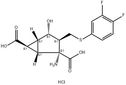 Bicyclo[3.1.0]hexane-2,6-dicarboxylic acid, 2-amino-3-[[(3,4-difluorophenyl)thio]methyl]-4-hydroxy-, hydrochloride (1:1), (1S,2R,3S,4S,5R,6R)- Struktur