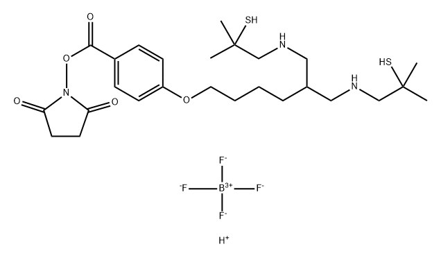 1-((4-((6-((2-Mercapto-2-methylpropyl)amino)-5-(((2-mercapto-2-methylp ropyl)amino)methyl)hexyl)oxy)benzoyl)oxy)-2,5-pyrrolidinedione bis(tet rafluoroborate(1-)) Struktur