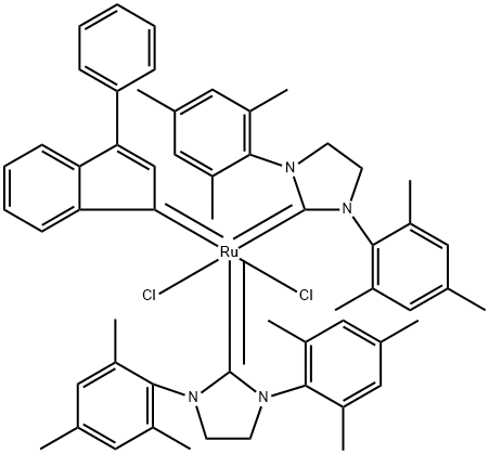 Ruthenium, bis[1,3-bis(2,4,6-trimethylphenyl)-2-imidazolidinylidene]dichloro(3-phenyl-1H-inden-1-ylidene)-, (SP-5-31)- Struktur