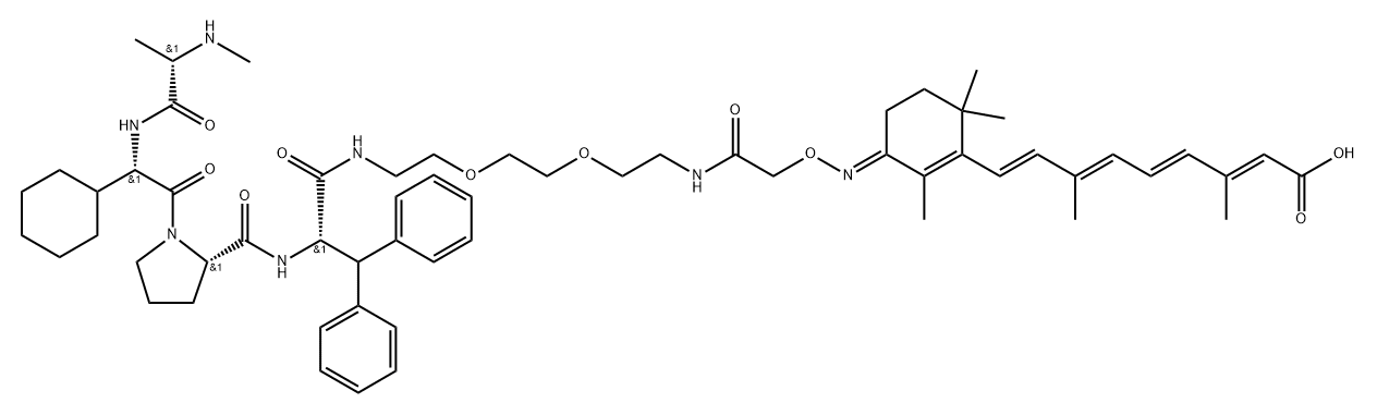 L-Phenylalaninamide, N-methyl-L-alanyl-(2S)-2-cyclohexylglycyl-L-prolyl-N-[2-[2-[2-[[2-[[(E)-[3-[(1E,3E,5E,7E)-8-carboxy-3,7-dimethyl-1,3,5,7-octatetraen-1-yl]-2,4,4-trimethyl-2-cyclohexen-1-ylidene]amino]oxy]acetyl]amino]ethoxy]ethoxy]ethyl]-β-phenyl- Structure