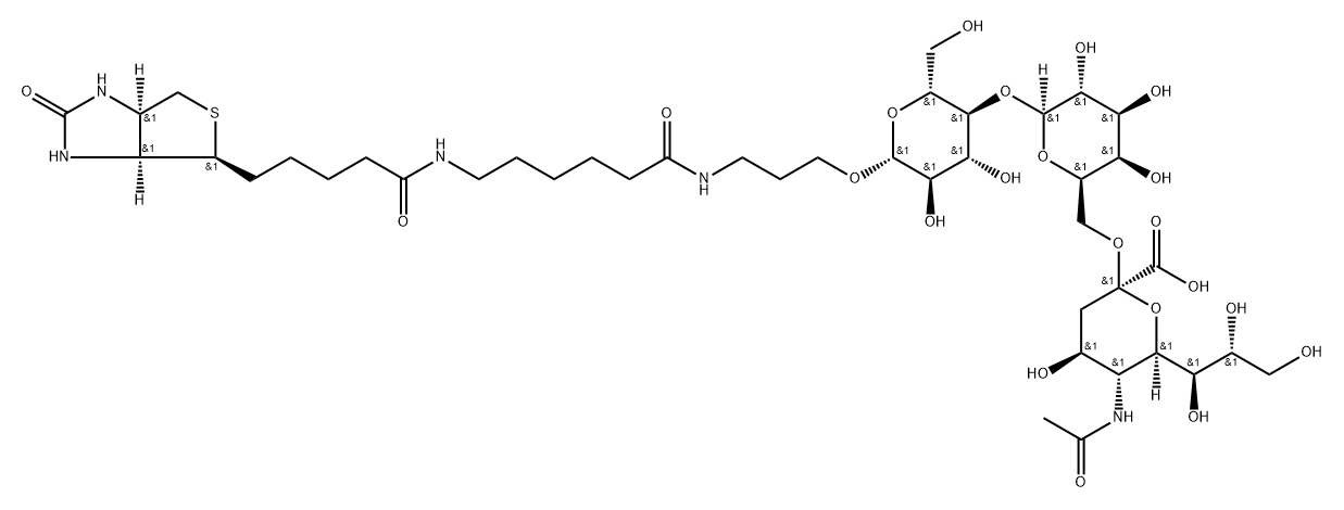 (3AS,4S,6AR)-N-[6-[[3-[[O-(N-乙酰基-ALPHA-神经胺酸基)-(2-6)-O-BETA-D-吡喃半乳糖基-(1-4)-BETA-D-吡喃葡萄糖基]氧基]丙基]氨基]-6-氧代己基]六氢-2-氧代-1H-噻吩并[3,4-D]咪唑-4-戊酰胺, 1384441-62-6, 结构式