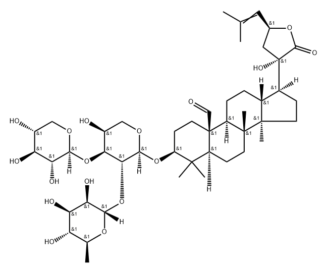 Dammar-24-en-21-oic acid, 3-[(O-6-deoxy-α-L-mannopyranosyl-(1→2)-O-[β-D-xylopyranosyl-(1→3)]-α-L-arabinopyranosyl)oxy]-20,23-dihydroxy-19-oxo-, γ-lactone, (3β,23S)- Structure