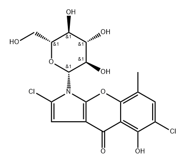 [1]Benzopyrano[2,3-b]pyrrol-4(1H)-one, 2,6-dichloro-1-β-D-glucopyranosyl-5-hydroxy-8-methyl-,139635-97-5,结构式