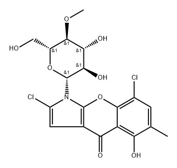 [1]Benzopyrano[2,3-b]pyrrol-4(1H)-one, 2,8-dichloro-5-hydroxy-6-methyl-1-(4-O-methyl-β-D-glucopyranosyl)-,139636-01-4,结构式