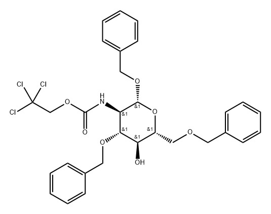 PHENYLMETHYL 2-DEOXY-3,6-BIS-O-(PHENYLMETHYL)-2-[[(2,2,2-TRICHLOROETHOXY)CARBONYL]AMINO]-Β-D-GLUCOPYRANOSIDE苯基甲基 2-脱氧-3,6-双-O-(苯基甲基)-2 - [[(2,2,2-三氯乙氧基)羰基]氨基]-Β-D-吡喃葡萄糖苷, 1401413-17-9, 结构式
