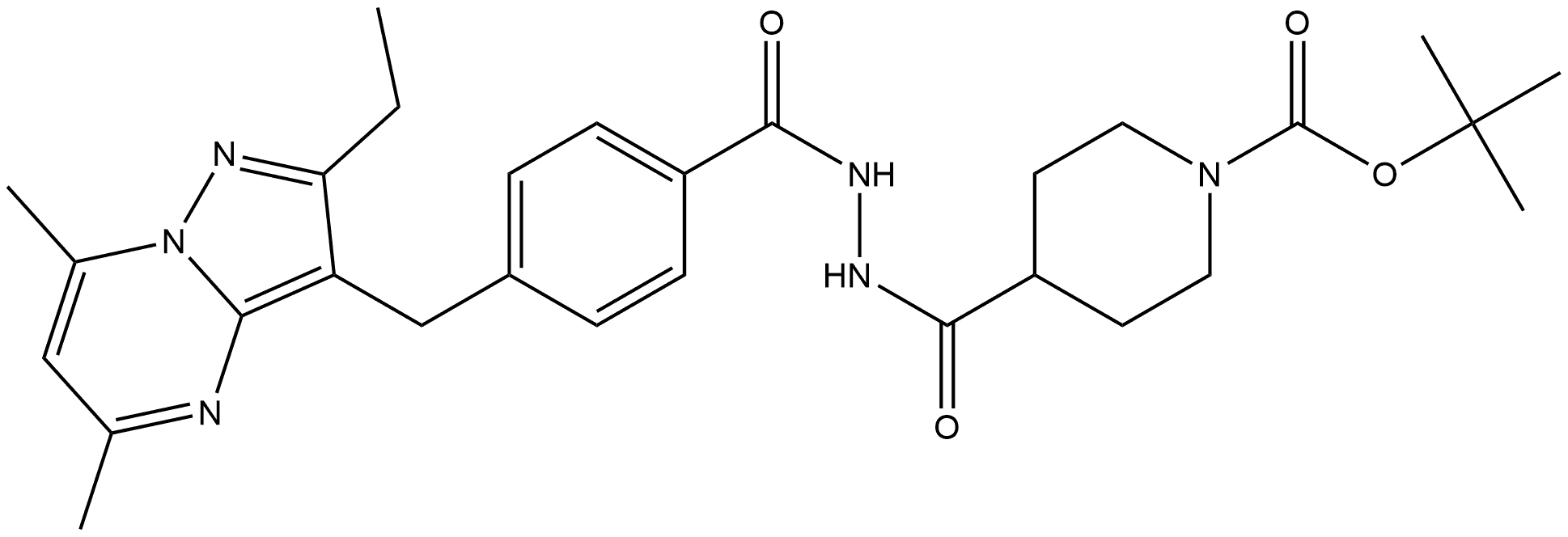 ter-butyl 4-(2-(4-((2-ethyl-5,7-dimethylpyrazolo[1,5-a]pyrimidin-3-yl)methyl)benzoyl)hydrazinecarbonyl)piperidine-1-carboxylate 化学構造式