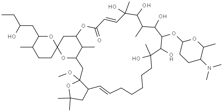 Spiro[22,26-methano-20H,24H-furo[2,3-h][1,5]dioxacyclohexacosin-24,2′-[2H]pyran]-20-one, 13-[[5-(dimethylamino)tetrahydro-6-methyl-2H-pyran-2-yl]oxy]-2,3,3′,3a,4′,5′,6,6′,7,8,9,10,11,12,13,14,15,16,17,22,23,26,27,27a-tetracosahydro-11,12,14,16,17-pentahydroxy-6′-(2-hydroxybutyl)-27a-methoxy-2,2,5′,11,15,17,28-heptamethyl- 结构式