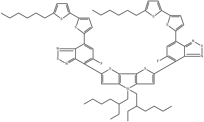 2,6-Bis{5-fluoro-7-(5'-hexyl-2,2'-bithiophen-5-yl)
benzo[c ][1,2,5]thiadiazol-4-yl}-(4,4'-bis(2-ethylhexyl)
dithieno[3,2-b :2',3'-d ]silole,1402460-84-7,结构式