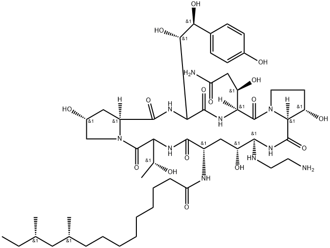 Pneumocandin B0, 1-[(4R,5S)-5-[(2-aminoethyl)amino]-N2-[(10R,12S)-10,12-dimethyl-1-oxotetradecyl]-4-hydroxy-L-ornithine]- Struktur