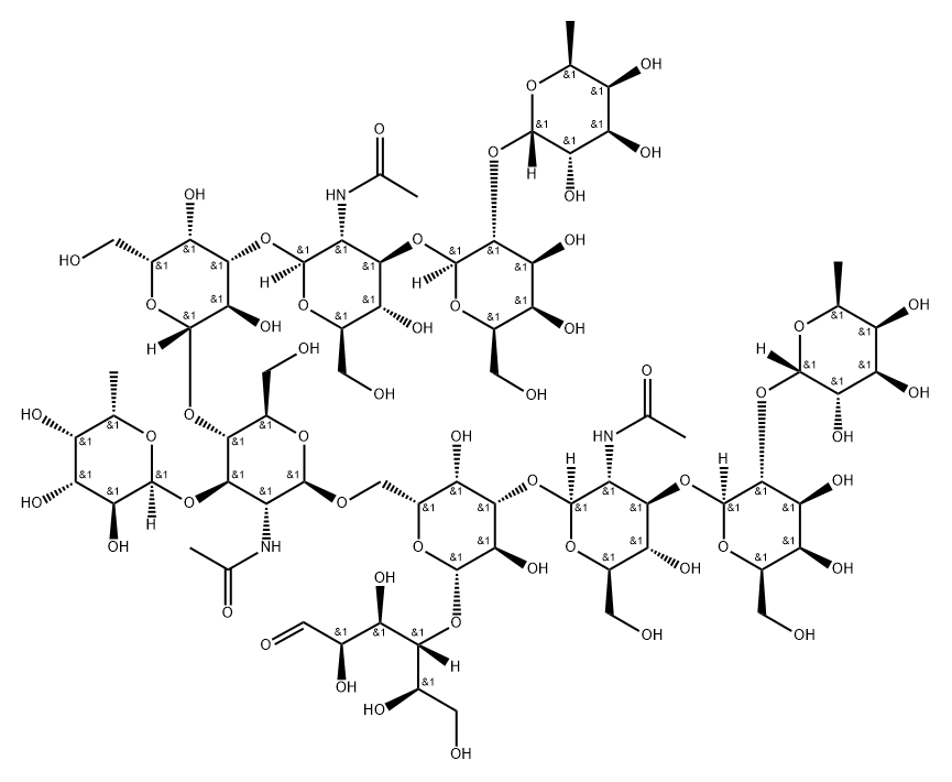 O-6-Deoxy-alpha-L-galactopyranosyl-(1-3)-O-[O-6-deoxy-alpha-L-galactopyranosyl-(1-2)-O-beta-D-galactopyranosyl-(1-3)-O-2-(acetylamino)-2-deoxy-beta-D-glucopyranosyl-(1-3)-beta-D-galactopyranosyl-(1-4)]-O-2-(acetylamino)-2-deoxy-beta-D-glucopyranosyl-(1-6)-O-[O-6-deoxy-alpha-L-galactopyranosyl-(1-2)-O-beta-D-galactopyranosyl-(1-3)-2-(acetylamino)-2-deoxy-beta-D-glucopyranosyl-(1-3)]-O-beta-D-galactopyranosyl-(1-4)-D-glucose Struktur