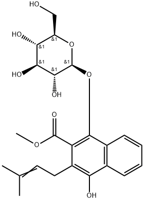 1,4-DIHYDROXY-2-CARBOMETHOXY-3-PRENYLNAPHTHALENE-1-O-Β-D-GLUCOPYRANOSIDE, 1415729-43-9, 结构式