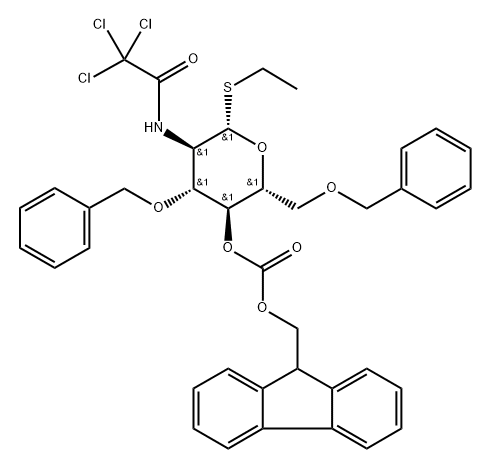 Ethyl 2-deoxy-3,6-bis-O-(phenylmethyl)-1-thio-2-[(2,2,2-trichloroacetyl)amino]-beta-D-glucopyranoside 4-(9H-fluoren-9-ylmethyl carbonate) Struktur