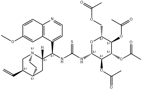N-[(8α,9R)-6'-Methoxycinchonan-9-yl]-N'-(2,3,4,6-tetra-O-acetyl-β-D-glucopyranosyl)-Thiourea Structure