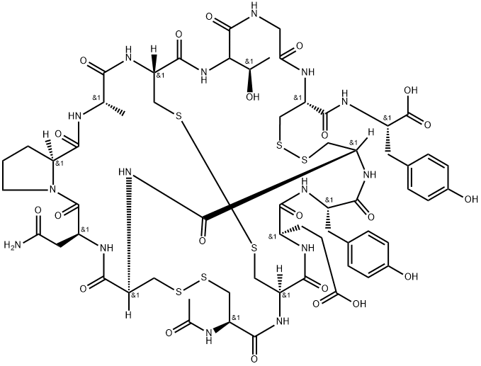 L-Tyrosine, N-acetyl-L-cysteinyl-L-cysteinyl-L-α-glutamyl-L-tyrosyl-L-cysteinyl-L-cysteinyl-L-asparaginyl-L-prolyl-L-alanyl-L-cysteinyl-L-threonylglycyl-L-cysteinyl-, cyclic (1→6),(2→10),(5→13)-tris(disulfide) Struktur