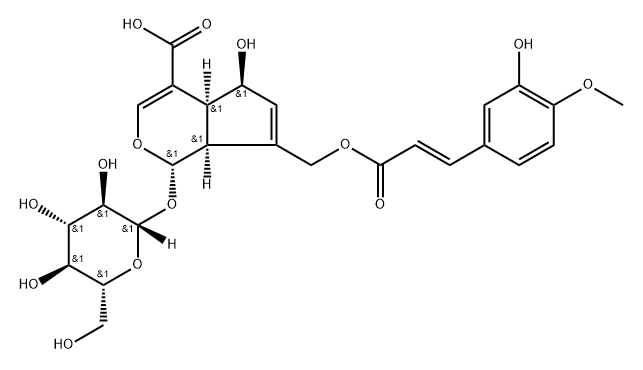 Cyclopenta[c]pyran-4-carboxylic acid, 1-(β-D-glucopyranosyloxy)-1,4a,5,7a-tetrahydro-5-hydroxy-7-[[[(2E)-3-(3-hydroxy-4-methoxyphenyl)-1-oxo-2-propen-1-yl]oxy]methyl]-, (1S,4aS,5S,7aS)- Structure