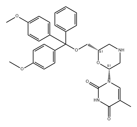 7’-O-(4,4’-Dimethoxytrityloxy) morpholino thymine Structure