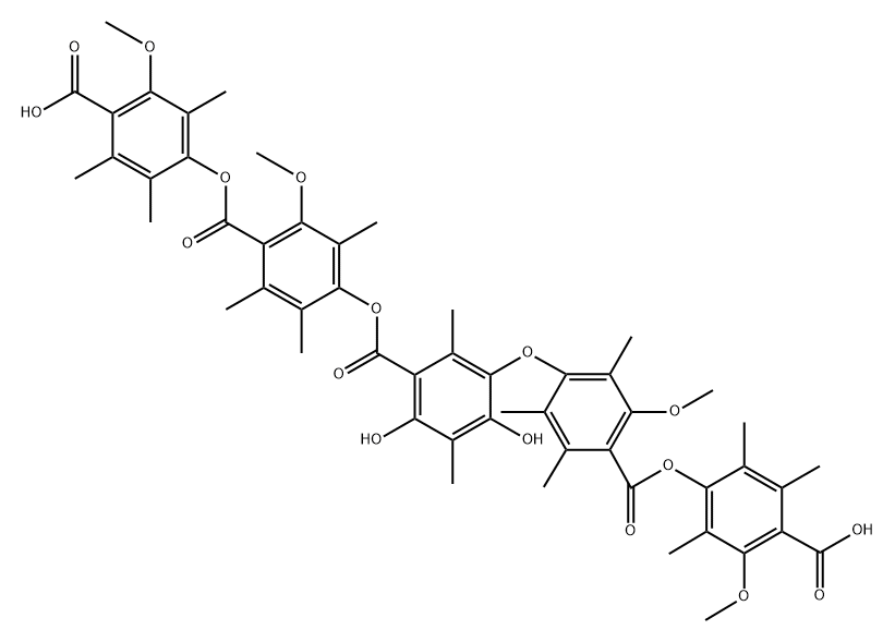 Benzoic acid, 3-[4-[(4-carboxy-3-methoxy-2,5,6-trimethylphenoxy)carbonyl]-3-methoxy-2,5,6-trimethylphenoxy]-4,6-dihydroxy-2,5-dimethyl-, 1-[4-[(4-carboxy-3-methoxy-2,5,6-trimethylphenoxy)carbonyl]-3-methoxy-2,5,6-trimethylphenyl] ester Structure