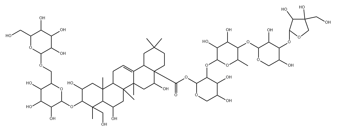 Olean-12-en-28-oic acid, 3-[(6-O-β-D-glucopyranosyl-β-D-glucopyranosyl)oxy]-2,6,16,23-tetrahydroxy-, O-D-apio-β-D-furanosyl-(1→3)-O-β-D-xylopyranosyl-(1→4)-O-6-deoxy-α-L-mannopyranosyl-(1→2)-α-L-arabinopyranosyl ester, (2β,3β,4α,6β,16α)-,144425-21-8,结构式