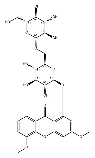 9H-Xanthen-9-one, 1-[(6-O-β-D-glucopyranosyl-β-D-glucopyranosyl)oxy]-3,5-dimethoxy- 结构式