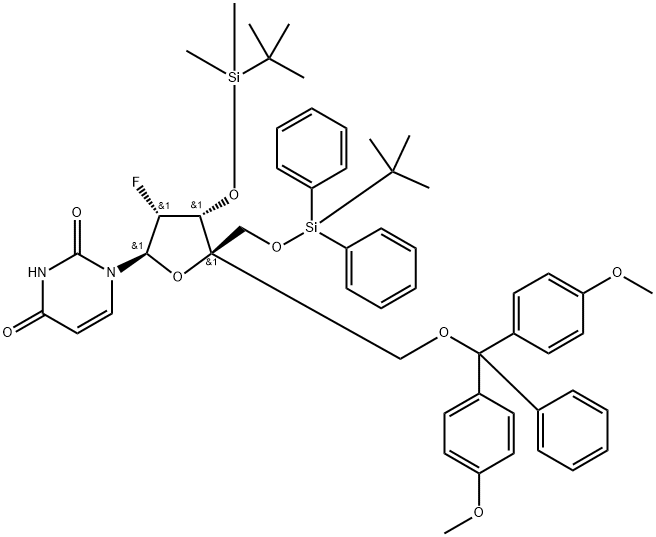 Uridine, 4'-C-[[bis(4-methoxyphenyl)phenylmethoxy]methyl]-2'-deoxy-3'-O-[(1,1-dimethylethyl)dimethylsilyl]-5'-O-[(1,1-dimethylethyl)diphenylsilyl]-2'-fluoro- Struktur