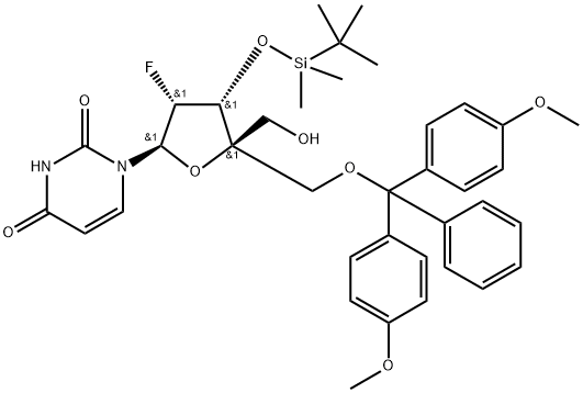 Uridine, 4'-?C-?[[bis(4-?methoxyphenyl)?phenylmethoxy]?methyl]?-?2'-?deoxy-?3'-?O-?[(1,?1-?dimethylethyl)?dimethylsilyl]?-?2'-?fluoro- Struktur