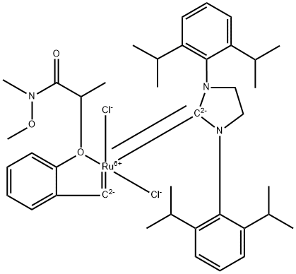 [1,3-Bis(2,6-di-i-propylphenyl)imidazolidin-2-ylidene]{2-[[1-(methoxy(methyl)amino)-1-oxopropan-2-yl]oxy]benzylidene}ruthenium(II) dichloride GreenCat Structure