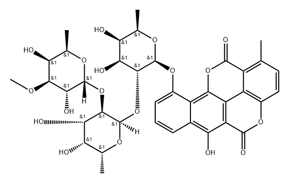1-メチル-6-ヒドロキシ-10-[[2-O-[2-O-(6-デオキシ-3-O-メチル-α-D-ガラクトピラノシル)-6-デオキシ-α-D-ガラクトピラノシル]-6-デオキシ-β-D-ガラクトピラノシル]オキシ]ベンゾ[h][1]ベンゾピラノ[5,4,3-cde][1]ベンゾピラン-5,12-ジオン 化学構造式