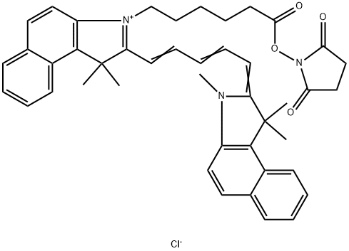 1H-Benz[e]indolium, 2-[5-(1,3-dihydro-1,1,3-trimethyl-2H-benz[e]indol-2-ylidene)-1,3-pentadien-1-yl]-3-[6-[(2,5-dioxo-1-pyrrolidinyl)oxy]-6-oxohexyl]-1,1-dimethyl-, chloride (1:1) Structure
