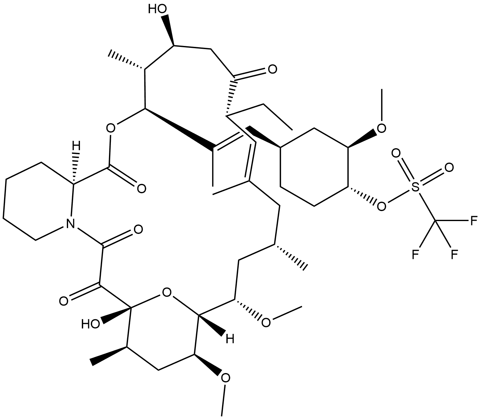 Methanesulfonic acid, trifluoro-, 4-[2-(8-ethyl-1,4,5,6,7,8,11,12,13,14,15,16,17,18,19,20,21,23,24,25,26,26a-docosahydro-5,19-dihydroxy-14,16-dimethoxy-4,10,12,18-tetramethyl-1,7,20,21-tetraoxo-15,19-epoxy-3H-pyrido[2,1-c][1,4]oxaazacyclotricosin-3-yl)-1-propenyl]-2-methoxycyclohexyl ester, [3S-[3R*... Structure