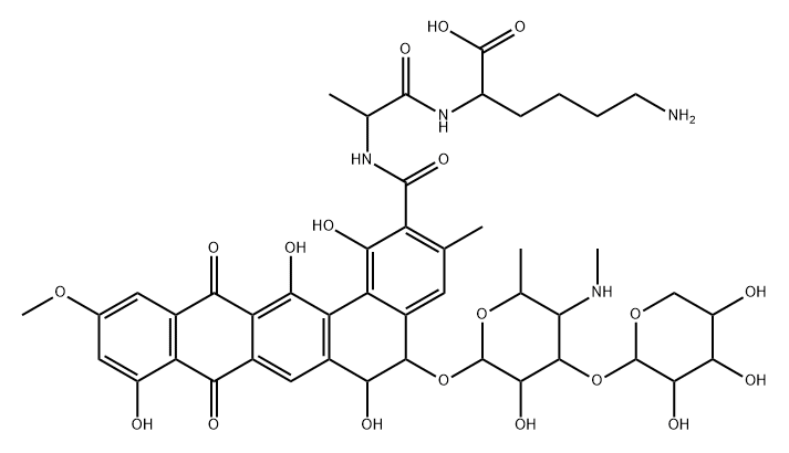L-Lysine, N2-[N-[[5-[[4,6-dideoxy-4-(methylamino)-3-O-β-D-xylopyranosyl-β-D-galactopyranosyl]oxy]-5,6,8,13-tetrahydro-1,6,9,14-tetrahydroxy-11-methoxy-3-methyl-8,13-dioxobenzo[a]naphthacen-2-yl]carbonyl]-D-alanyl]-, (5S-trans)- (9CI) Structure