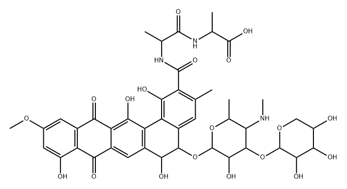 L-Alanine, N-[N-[[5-[[4,6-dideoxy-4-(methylamino)-3-O-β-D-xylopyranosyl-β-D-galactopyranosyl]oxy]-5,6,8,13-tetrahydro-1,6,9,14-tetrahydroxy-11-methoxy-3-methyl-8,13-dioxobenzo[a]naphthacen-2-yl]carbonyl]-D-alanyl]-, (5S-trans)- (9CI) Struktur
