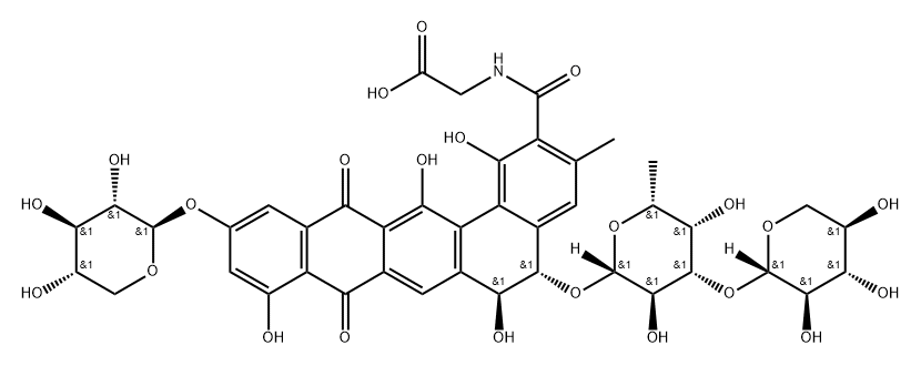 Glycine, N-[[(5S,6S)-5-[(6-deoxy-3-O-β-D-xylopyranosyl-β-D-galactopyranosyl)oxy]-5,6,8,13-tetrahydro-1,6,9,14-tetrahydroxy-3-methyl-8,13-dioxo-11-(β-D-xylopyranosyloxy)benzo[a]naphthacen-2-yl]carbonyl]- (9CI) 结构式