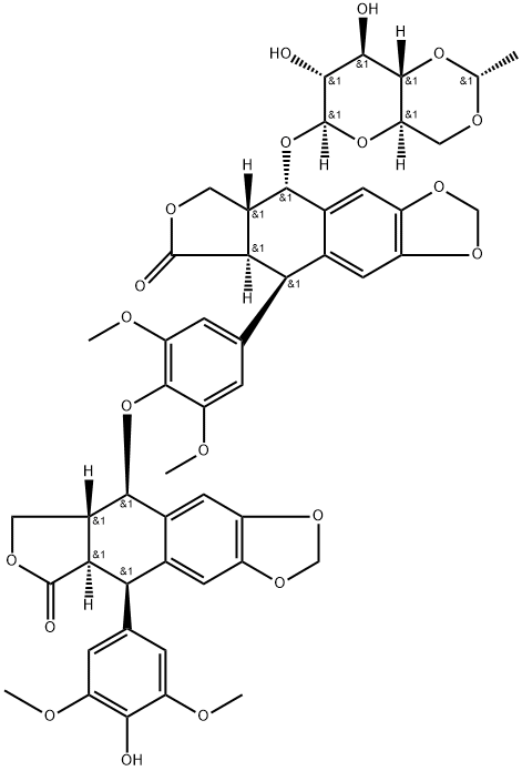 Furo[3′,4′:6,7]naphtho[2,3-d]-1,3-dioxol-6(5aH)-one, 9-[(4,6-O-ethylidene-β-D-glucopyranosyl)oxy]-5-[4-[[5,5a,6,8,8a,9-hexahydro-9-(4-hydroxy-3,5-dimethoxyphenyl)-8-oxofuro[3′,4′:6,7]naphtho[2,3-d]-1,3-dioxol-5-yl]oxy]-3,5-dimethoxyphenyl]-5,8,8a,8-tetrahydro-, [5R-[5α(5R*,5aR*,8aR*,9R*),5aβ,8aα,9β(R*)]]- Struktur
