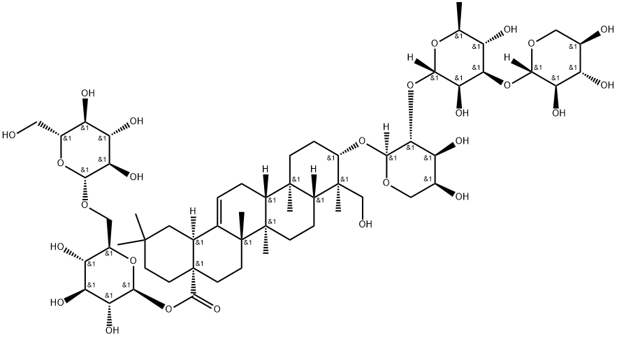 Olean-12-en-28-oic acid, 23-hydroxy-3-[(O-β-D-xylopyranosyl-(1→3)-O-6-deoxy-α-L-mannopyranosyl-(1→2)-α-L-arabinopyranosyl)oxy]-, 6-O-β-D-glucopyranosyl-β-D-glucopyranosyl ester, (3β,4α)- 化学構造式