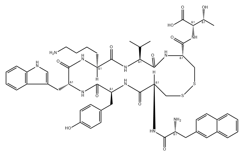 L-Threonine, 3-(2-naphthalenyl)-D-alanyl-L-cysteinyl-L-tyrosyl-D-tryptophyl-L-lysyl-L-valyl-L-cysteinyl-, cyclic (2→7)-disulfide (9CI) Struktur
