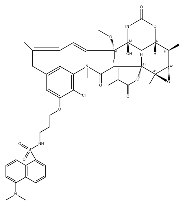 20-demethoxy-20-(3-(((5-dimethylamino)naphthalen-1-yl)sulfonyl)amino)propylmaytansinol-3-isobutyrate Struktur