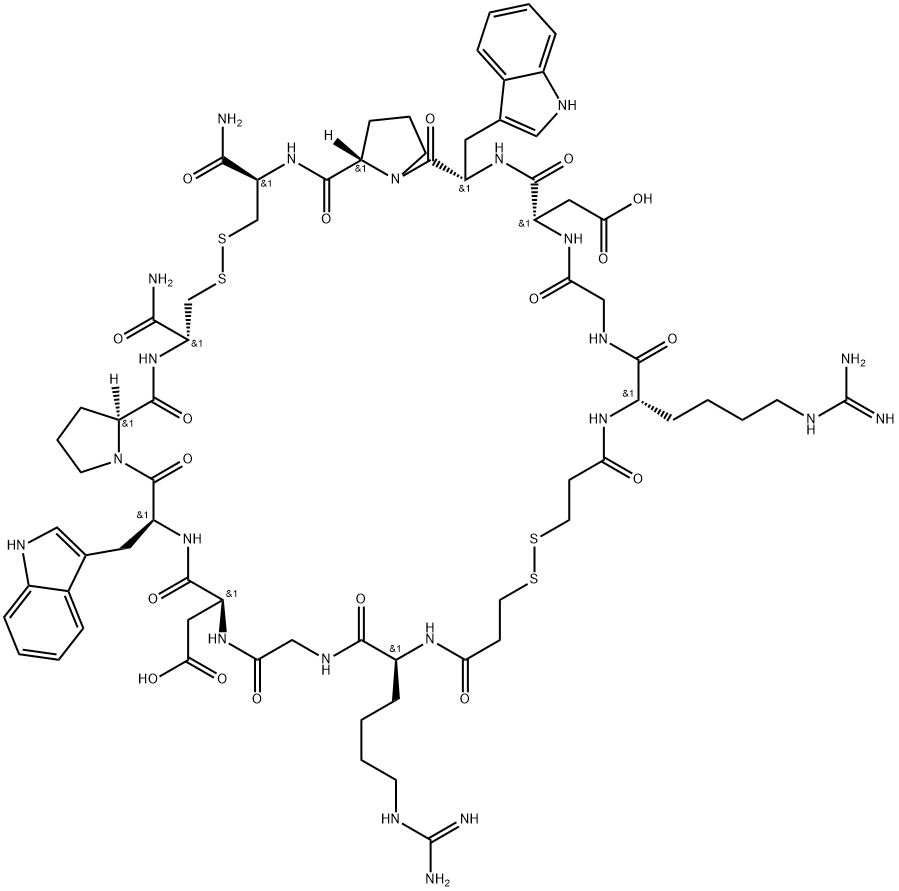 L-Cysteinamide, N6-(aminoiminomethyl)-N2-(3-mercapto-1-oxopropyl)-L-lysylglycyl-L-α-aspartyl-L-tryptophyl-L-prolyl-, bimol. cyclic (1→1'),(6→6')-bis(disulfide) Structure