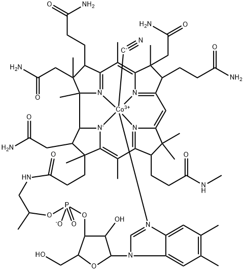 Cobinamide, Co-(cyano-κC)-Ne-methyl-, dihydrogen phosphate (ester), inner salt, 3' ester with (5,6-dimethyl-1-α-D-ribofuranosyl-1H-benzimidazole-κN3) (9CI) Struktur