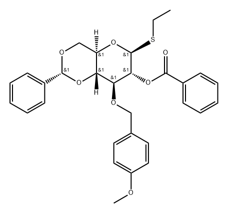 b-D-Glucopyranoside, ethyl 3-O-[(4-Methoxyphenyl)Methyl]-4,6-O-[(R)-phenylMethylene]-1-thio-, benzoate Structure