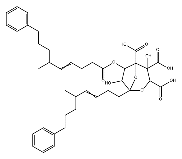 L-glycero-D-altro-Tridec-10-en-7-ulo-7,4-furanosonic acid, 2,7-anhydro-3,4-di-C-carboxy-8,9,10,11,12,13-hexadeoxy-12-(3-phenylpropyl)-, 5-[(4E)-6-methyl-9-phenyl-4-nonenoate], (7S,10E,12ξ)- (9CI) Struktur
