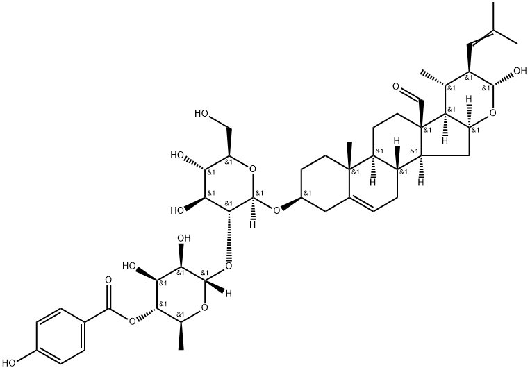 3-((2-O-(6-deoxy-4-O-(4-hydroxybenzoyl)mannopyranosyl)glucopyranosyl)oxy)-16,23-epoxy-23-hydroxy-22-(2-methyl-1-propenyl)-24-norchol-5-en-18-al Structure